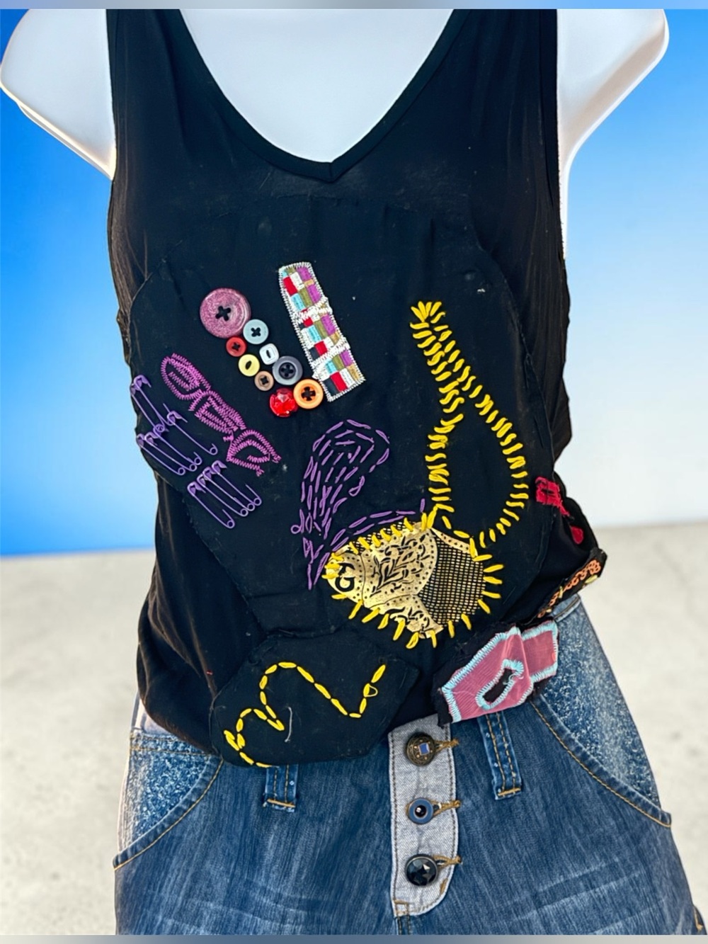 Desigual Black Tank Top with Multicolor Embroidered Graphics